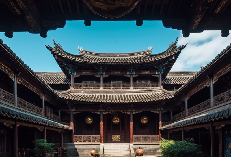风雨后祠堂后的天空被洗的更清更蓝摄影图,高清,摄影图,摄影图片,图片大全,摄影图免费下载
